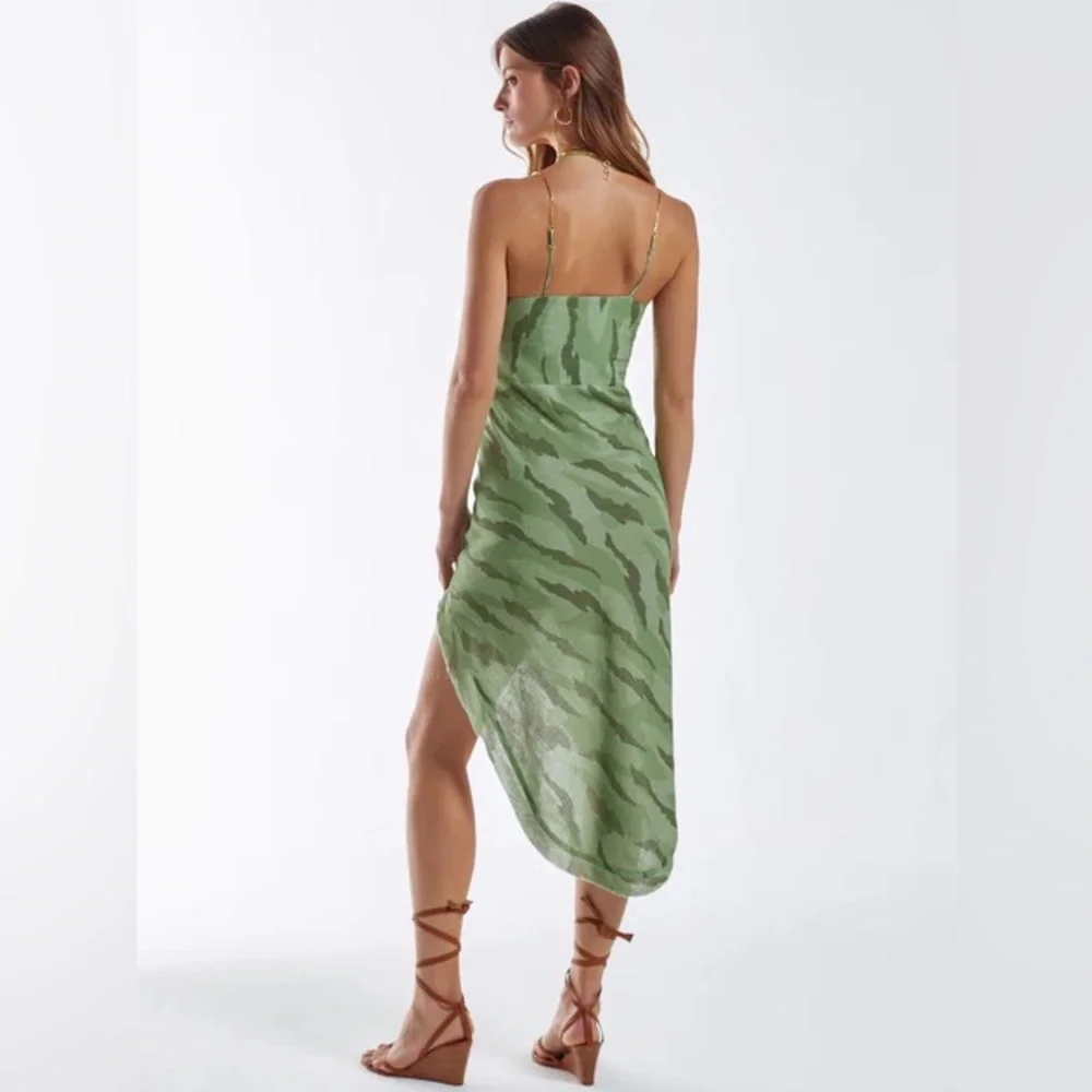 NWT Vix Surya Details Cowl Neck Camo Long Asymmetrical Dress with Gold Hardware - Picture 2 of 16